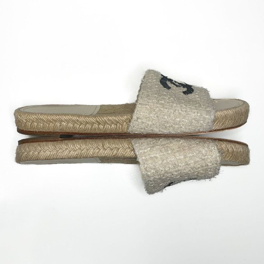Chanel CC Espadrille Slide Sandals EU 40 US 9-9.5 Ivory Tweed Flat Slip On Logo - Picture 5 of 10